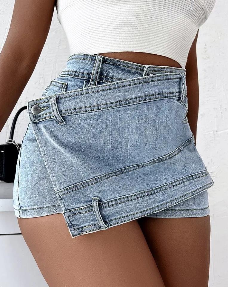 Vintage Denim Overlap Waist Mini Skorts - Image 7