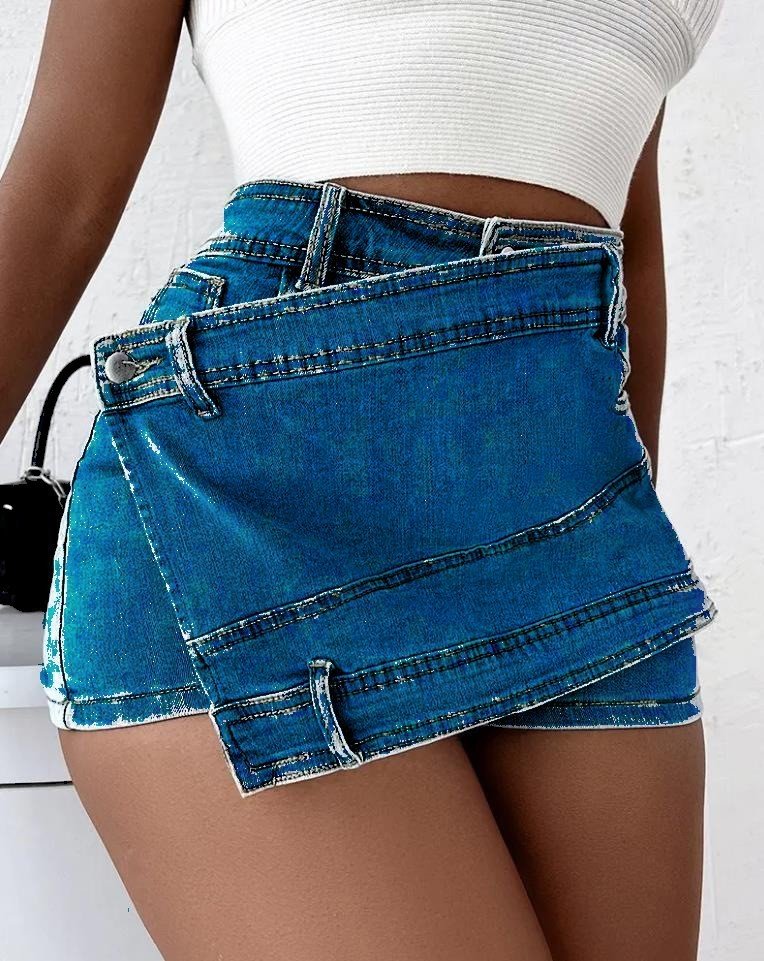 Vintage Denim Overlap Waist Mini Skorts - Image 5