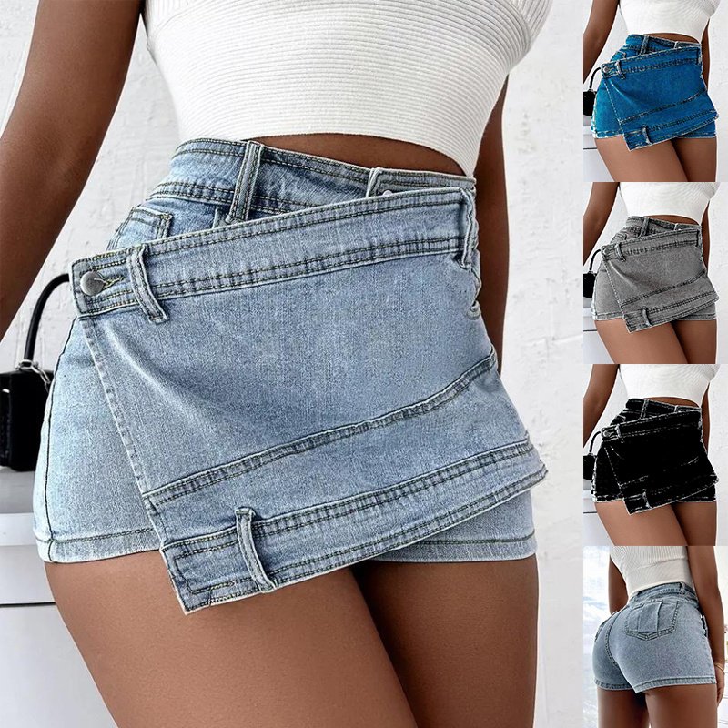 Vintage Denim Overlap Waist Mini Skorts
