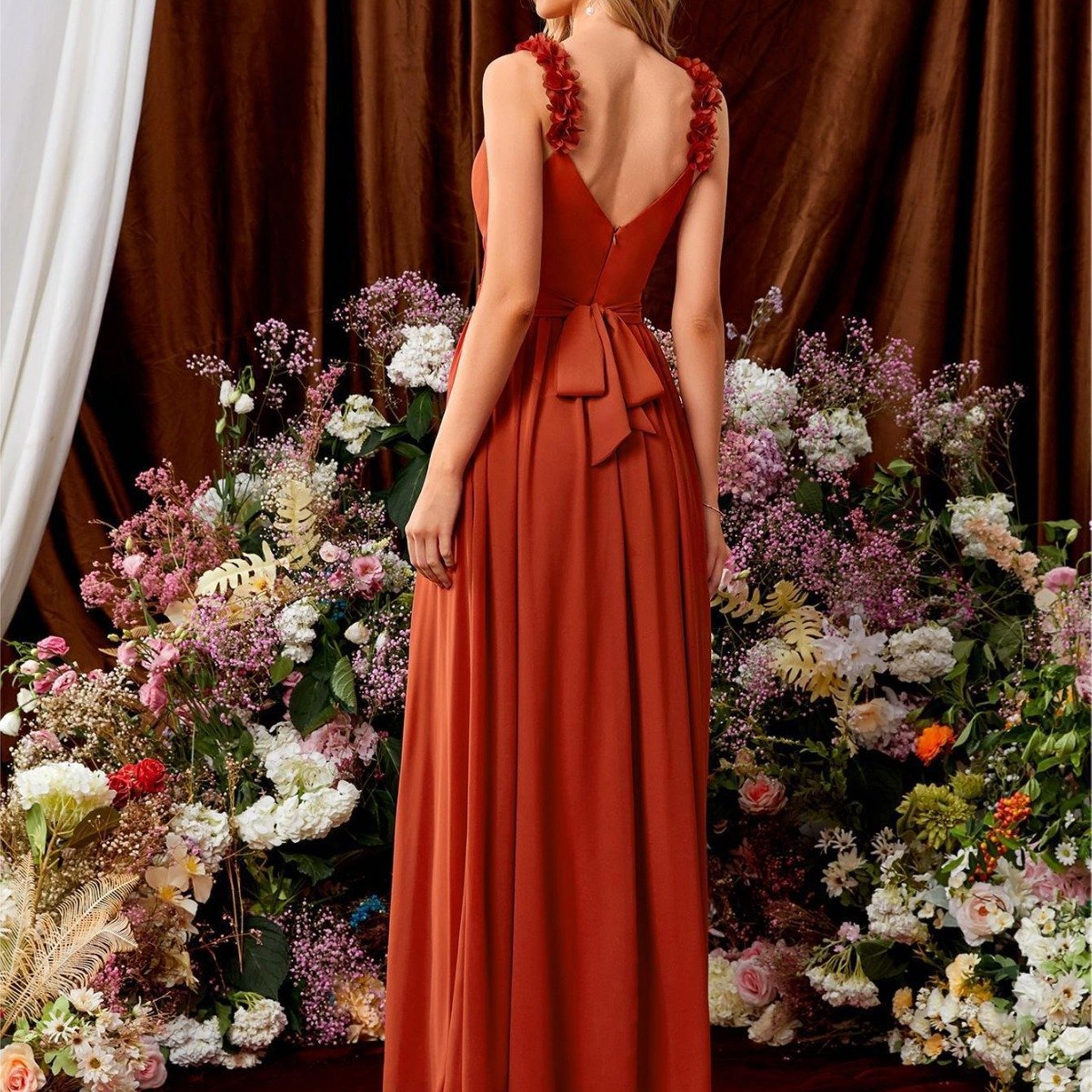 Pleated Lace V-Neck Backless Evening Gown - Image 6