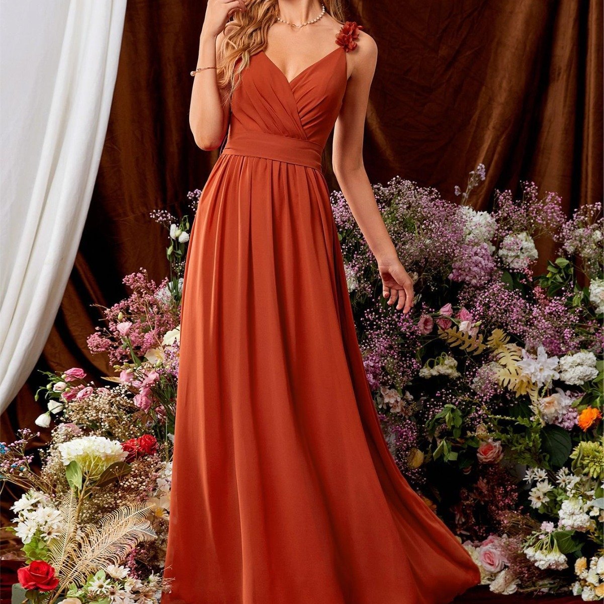 Pleated Lace V-Neck Backless Evening Gown - Image 3