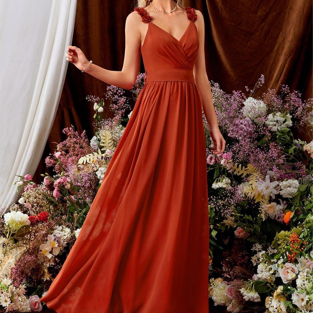 Pleated Lace V-Neck Backless Evening Gown