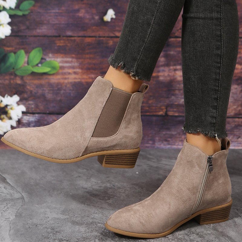 Fashion Side Zipper Heel Suede Ankle Boots - Image 5