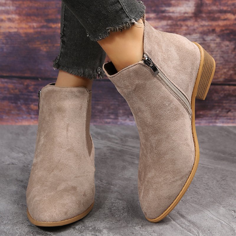 Fashion Side Zipper Heel Suede Ankle Boots - Image 3