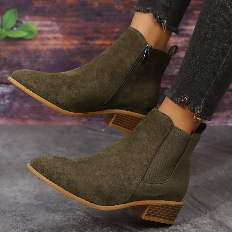 Fashion Side Zipper Heel Suede Ankle Boots