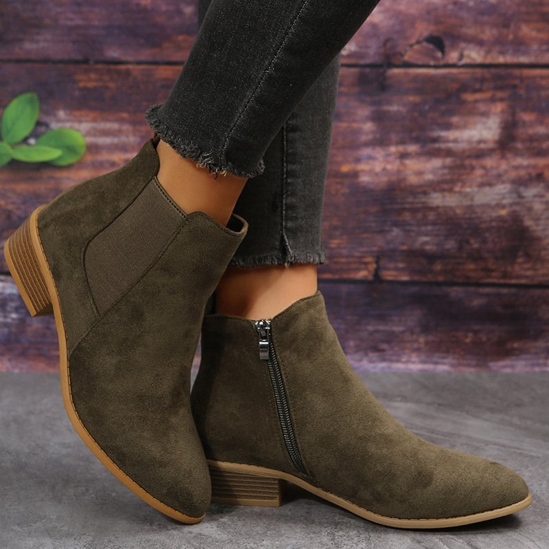 Fashion Side Zipper Heel Suede Ankle Boots - Image 4