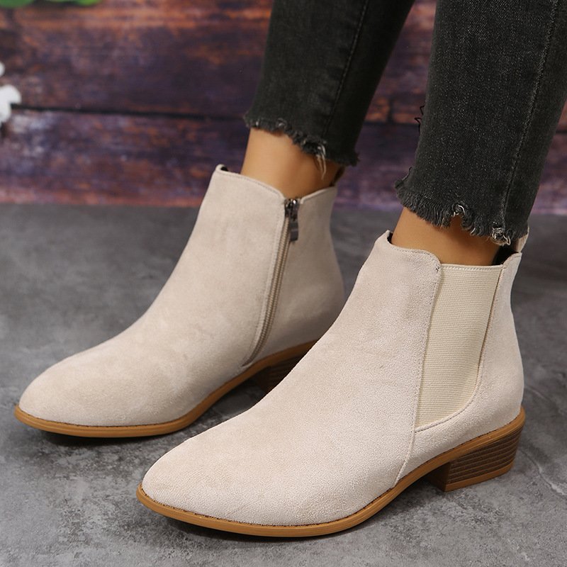 Fashion Side Zipper Heel Suede Ankle Boots - Image 2