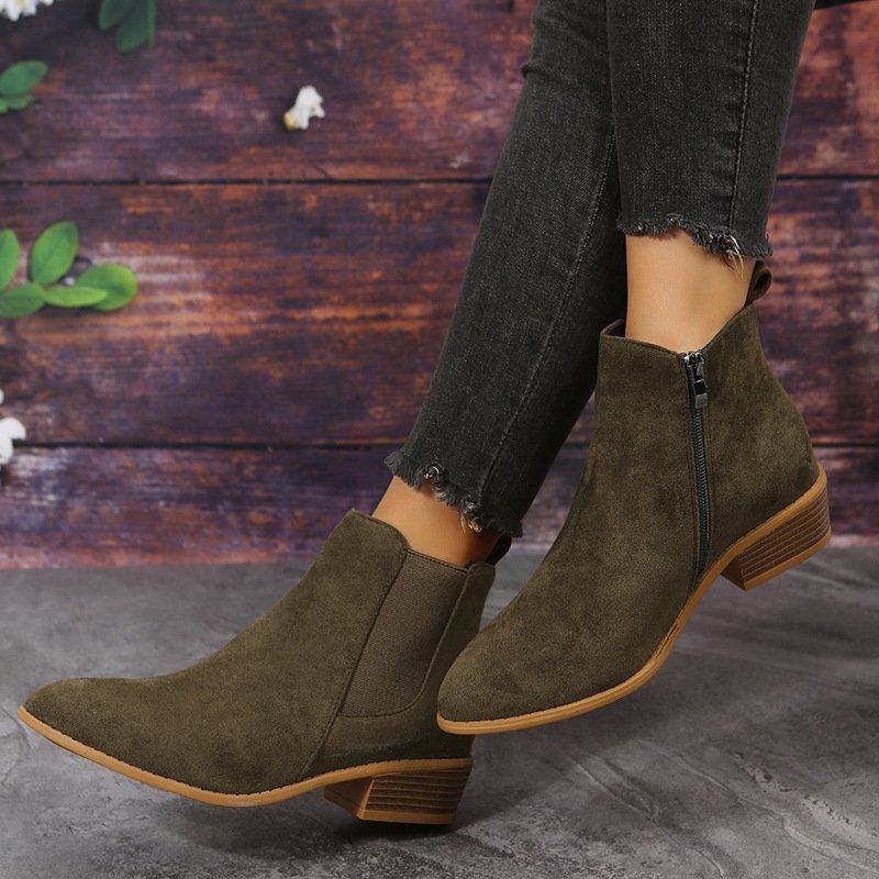 Fashion Side Zipper Heel Suede Ankle Boots - Image 7