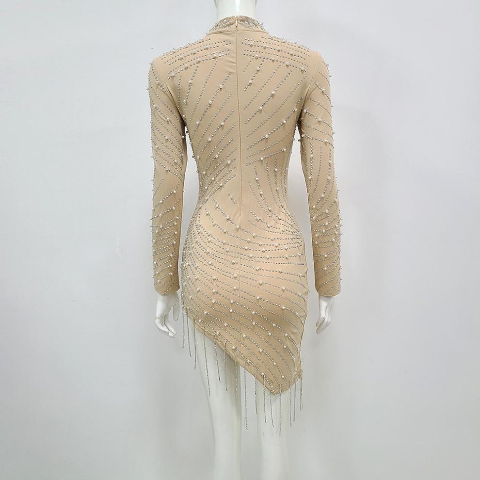 Pearl Rhinestone Stretch Seam Short Dress - Image 3