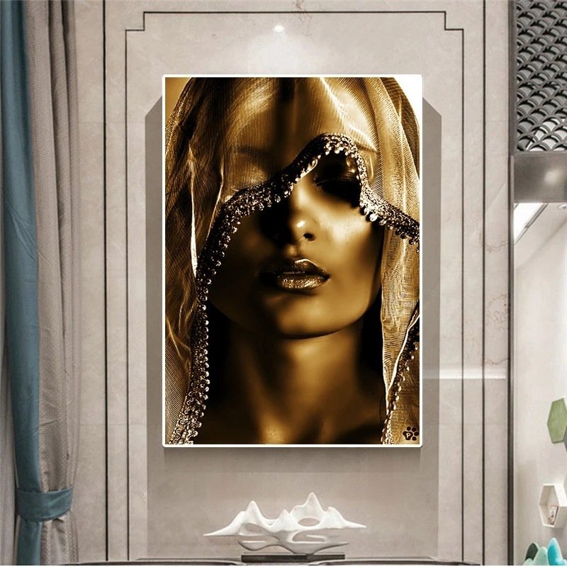 Golden Veil Woman Living Room Canvas Print - Image 5