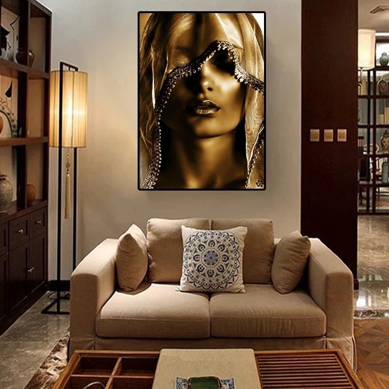 Golden Veil Woman Living Room Canvas Print - Image 4
