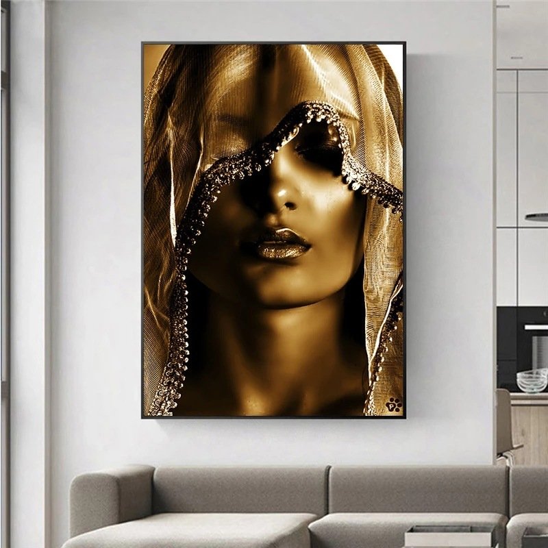 Golden Veil Woman Living Room Canvas Print - Image 2