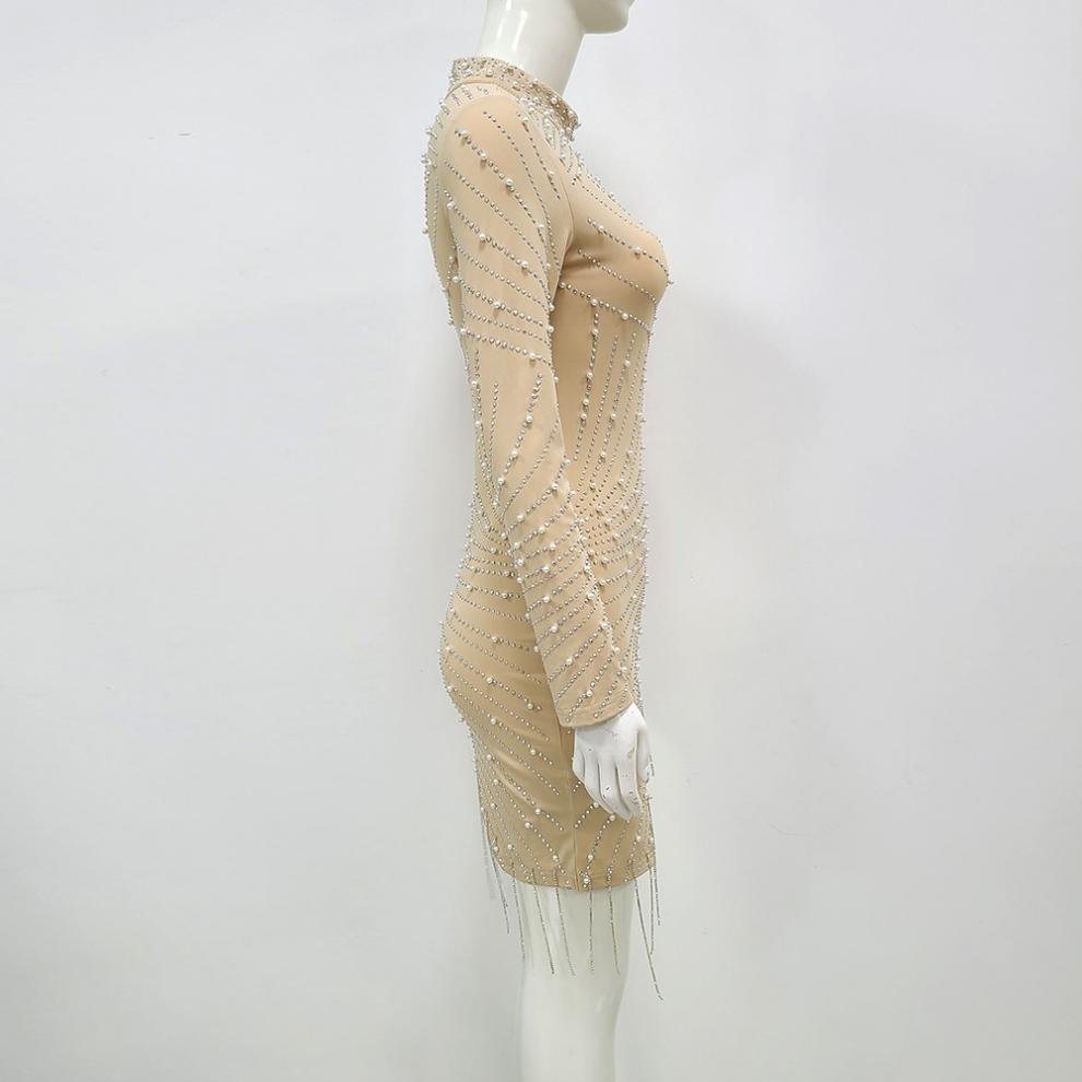 Pearl Rhinestone Stretch Seam Short Dress - Image 8