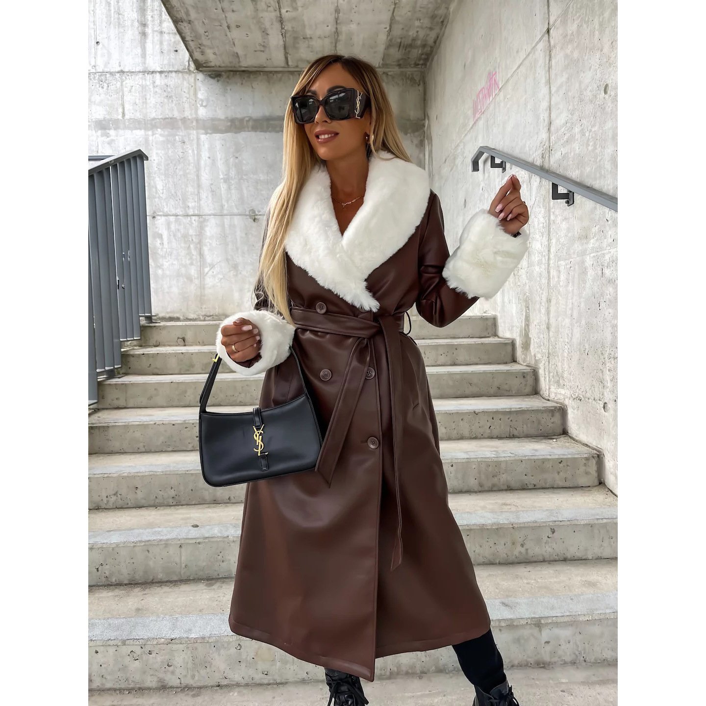 PU Fashion Collar Pocket Ladies Winter Coat - Image 9