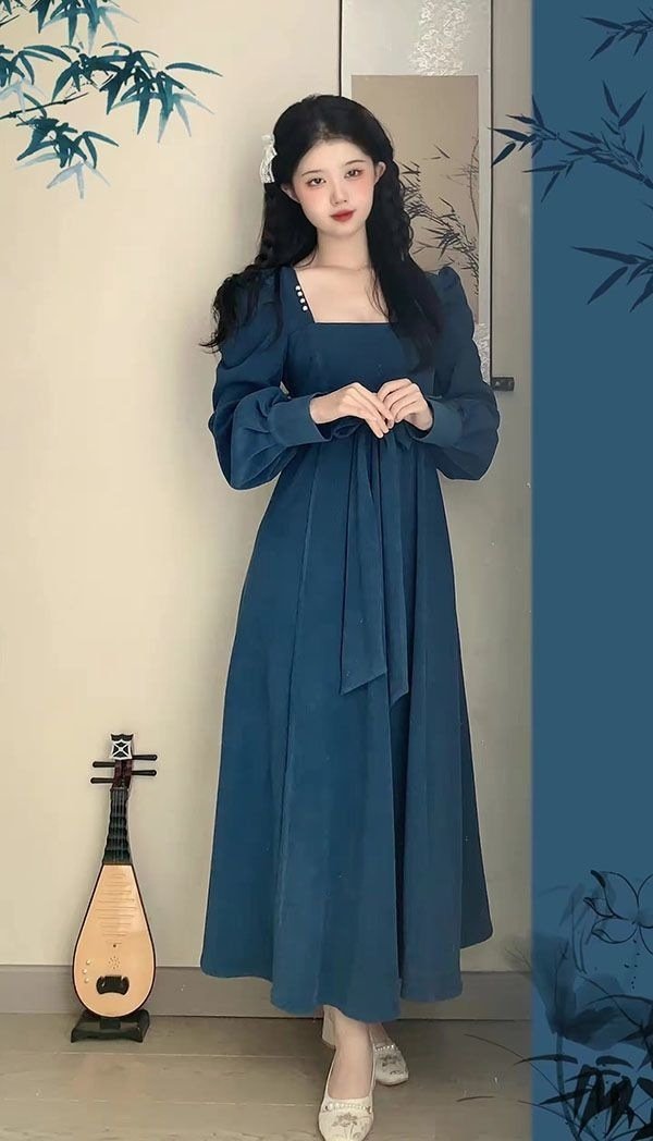 Long Sleeve Square-Neck Elegant Long Dress - Image 8