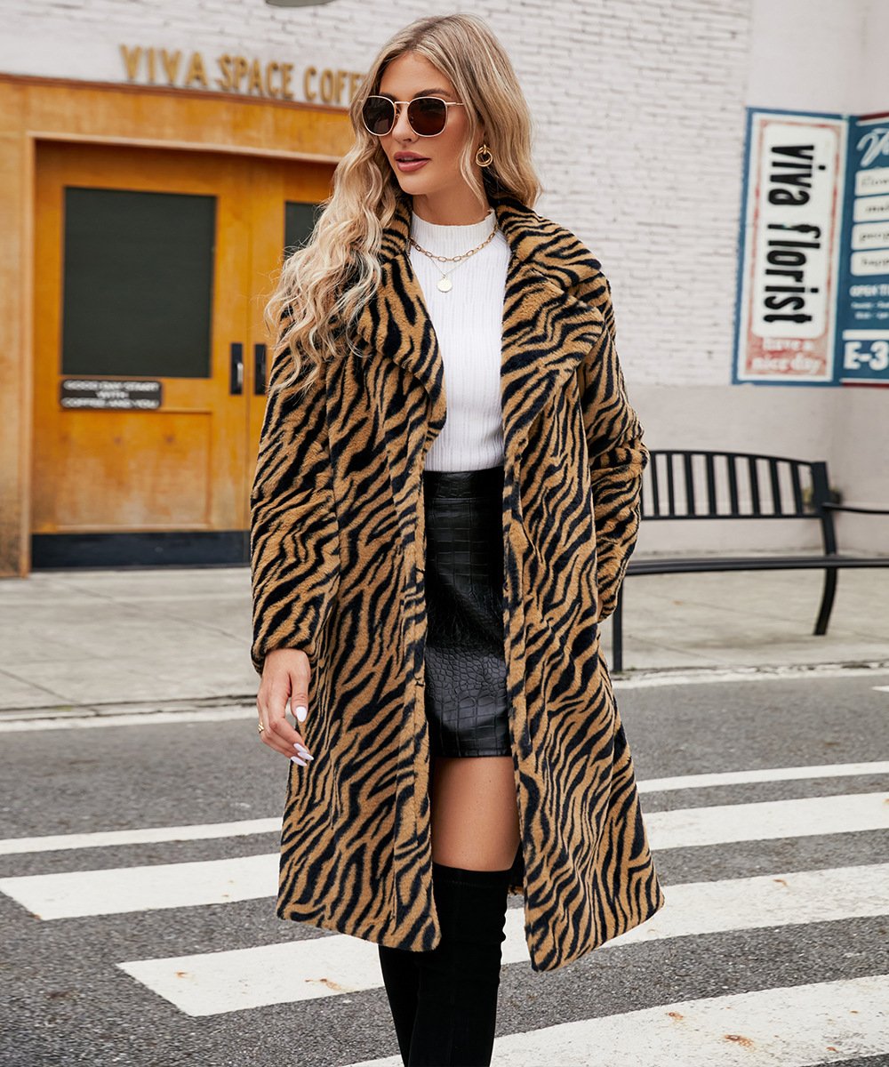 Ladies Tiger Pattern Plush Long Winter Coat - Image 7