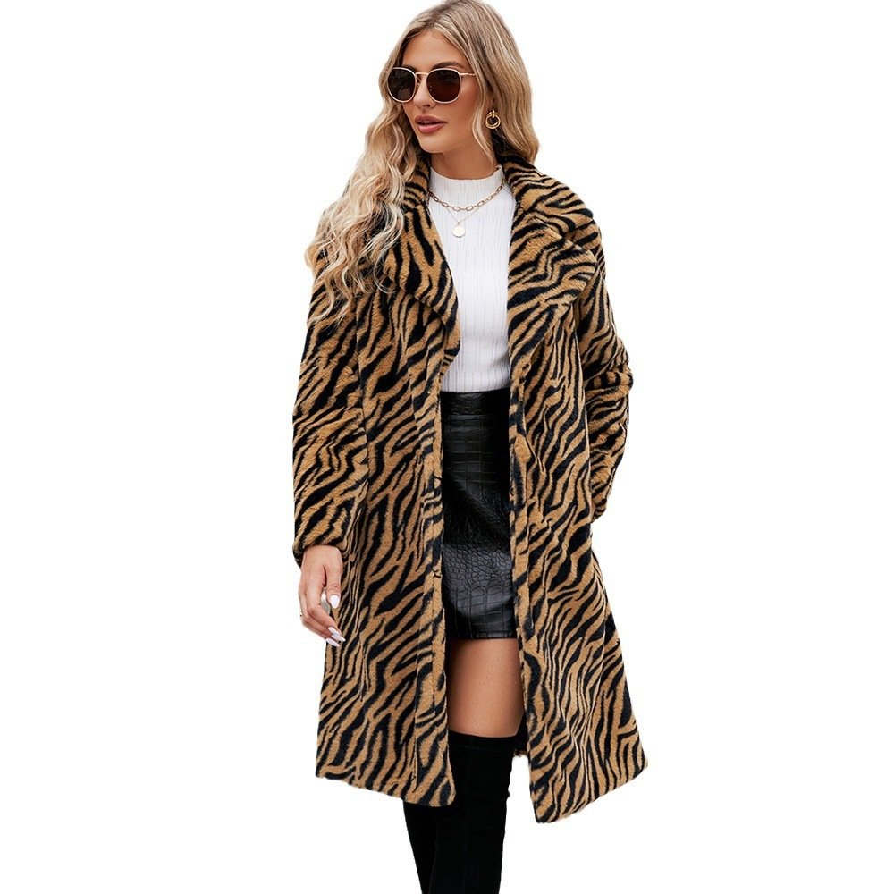 Ladies Tiger Pattern Plush Long Winter Coat - Image 2