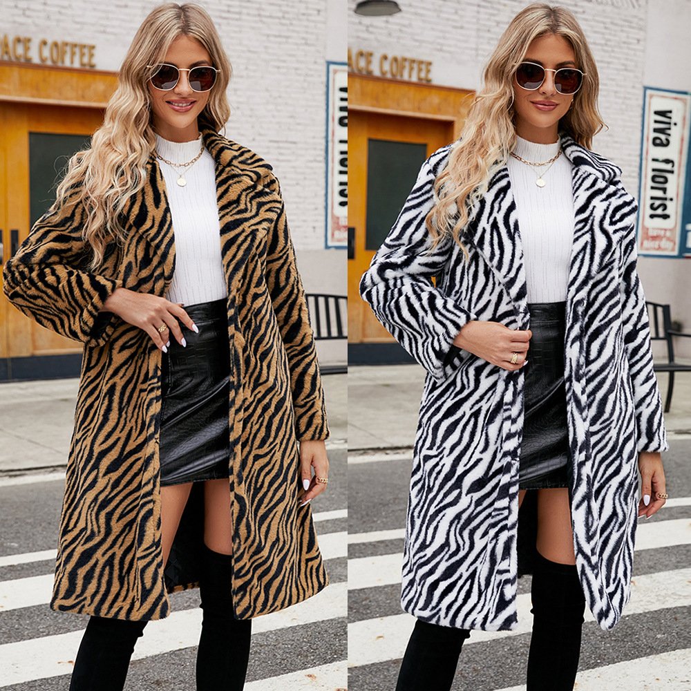 Ladies Tiger Pattern Plush Long Winter Coat