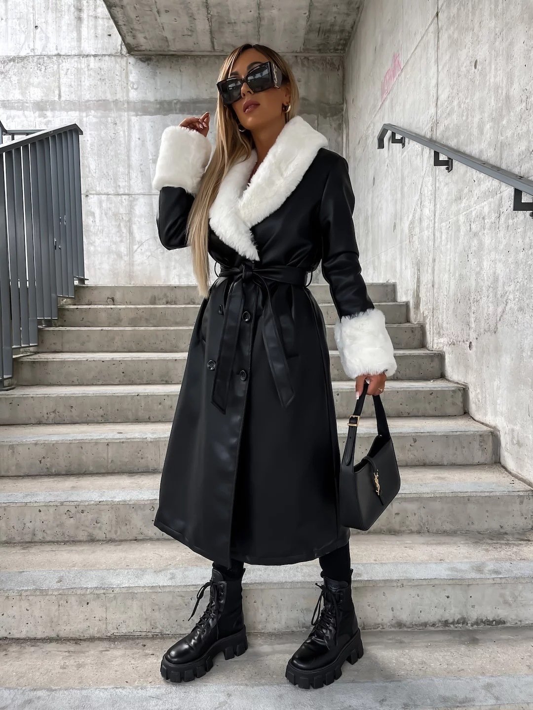 PU Fashion Collar Pocket Ladies Winter Coat - Image 7
