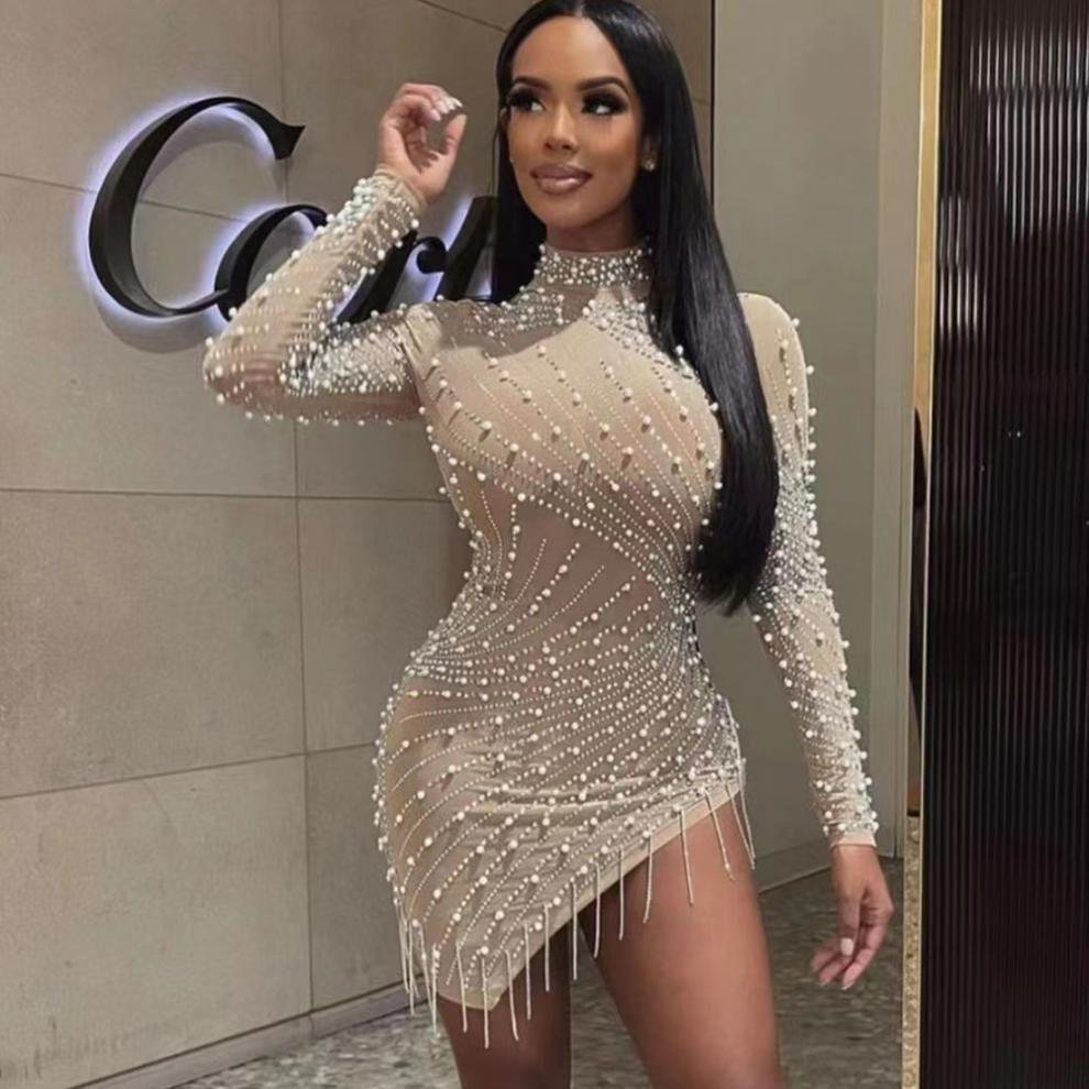 Pearl Rhinestone Stretch Seam Short Dress