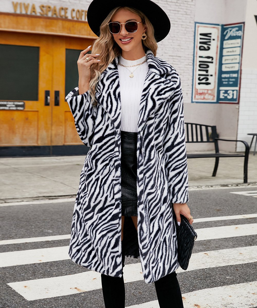 Ladies Tiger Pattern Plush Long Winter Coat - Image 6
