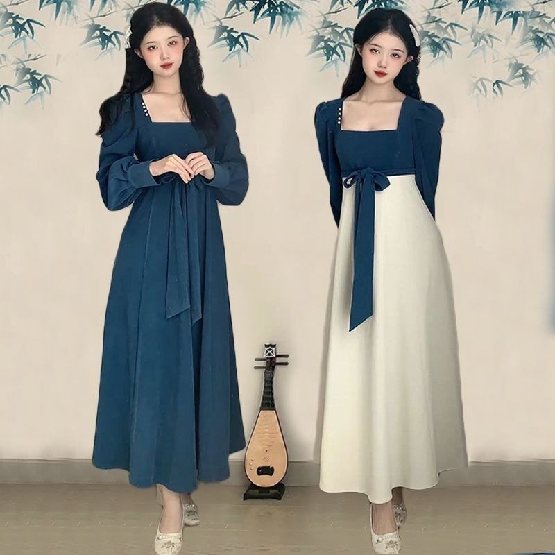 Long Sleeve Square-Neck Elegant Long Dress