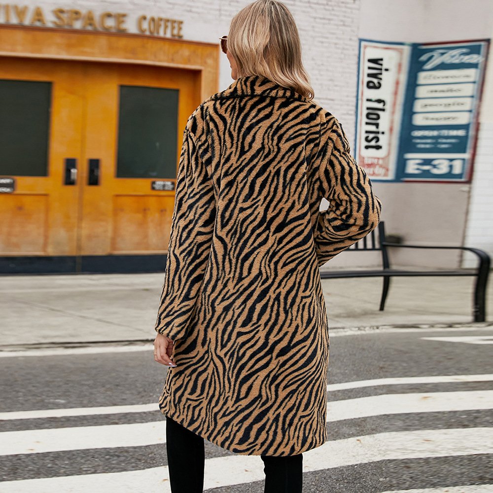 Ladies Tiger Pattern Plush Long Winter Coat - Image 3
