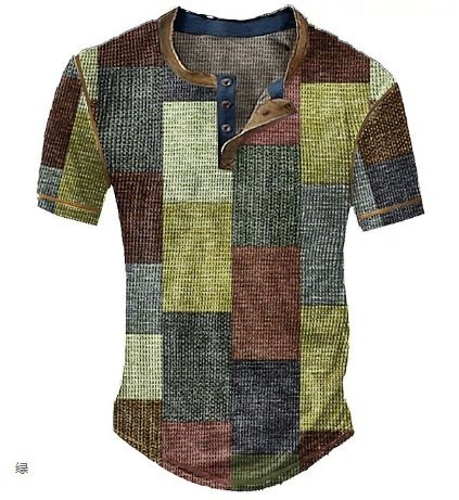 Men's Casual Color Block Plaid Henley Shirt - Image 4