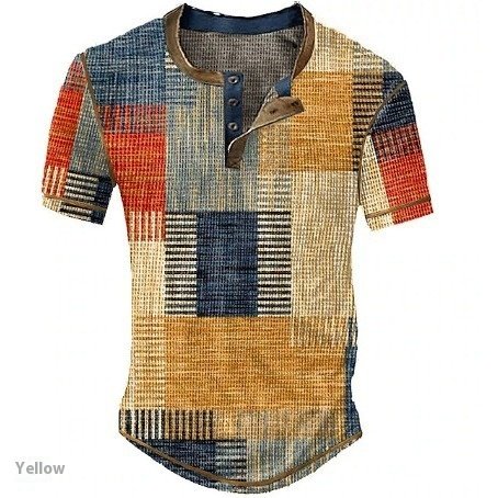 Men's Casual Color Block Plaid Henley Shirt