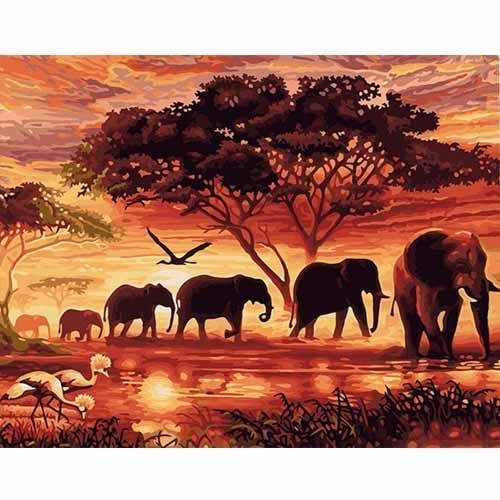 Sunset Elephants Artistic Painting Wall Art