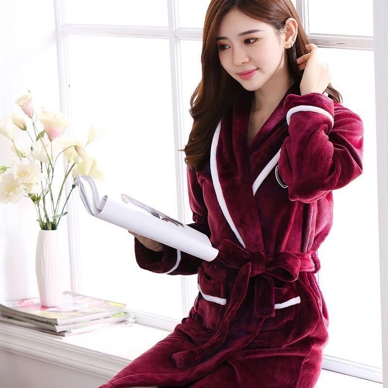Unisex Flannel Thickened Long Bath Robe - Image 9