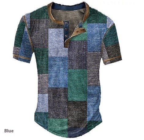 Men's Casual Color Block Plaid Henley Shirt - Image 8