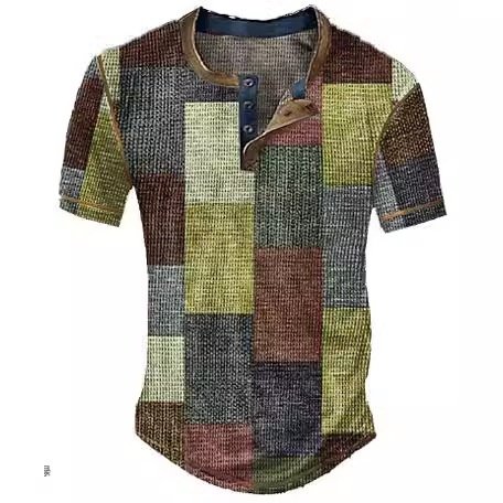 Men's Casual Color Block Plaid Henley Shirt - Image 6