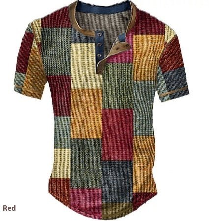 Men's Casual Color Block Plaid Henley Shirt - Image 5