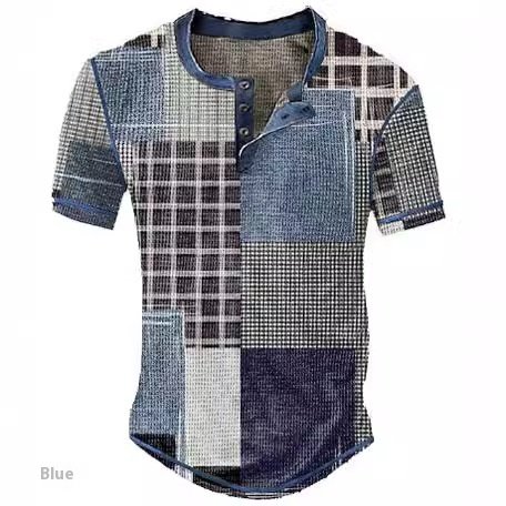 Men's Casual Color Block Plaid Henley Shirt - Image 3