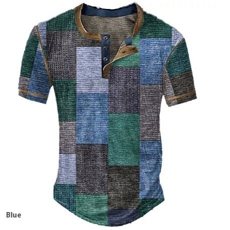 Men's Casual Color Block Plaid Henley Shirt - Image 7